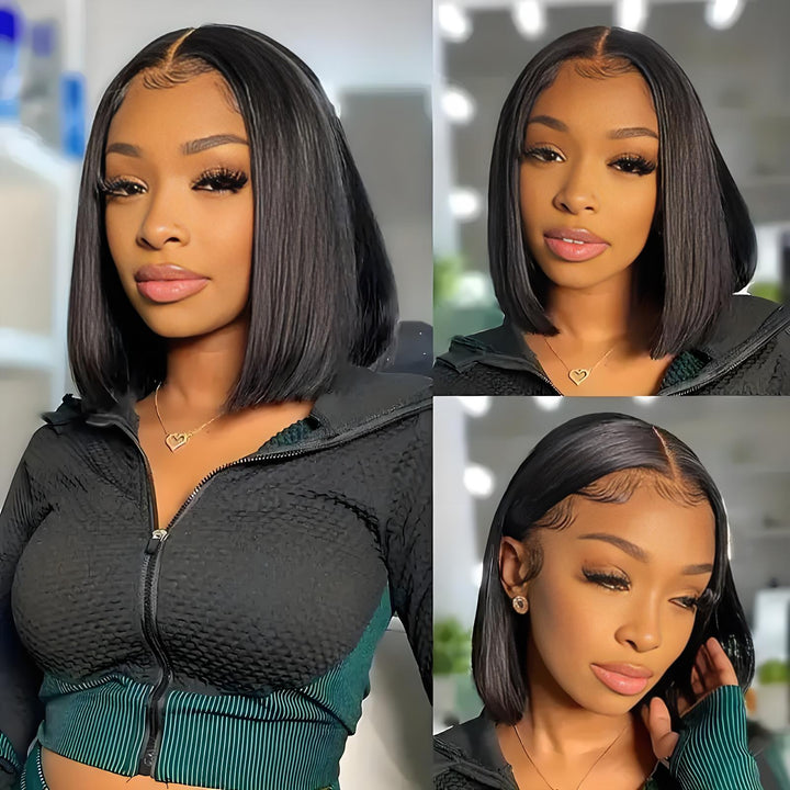 Three-view display of model in EuxmeHair 4x4 bob wig with baby hairs and soft side part, featuring glueless natural finish.