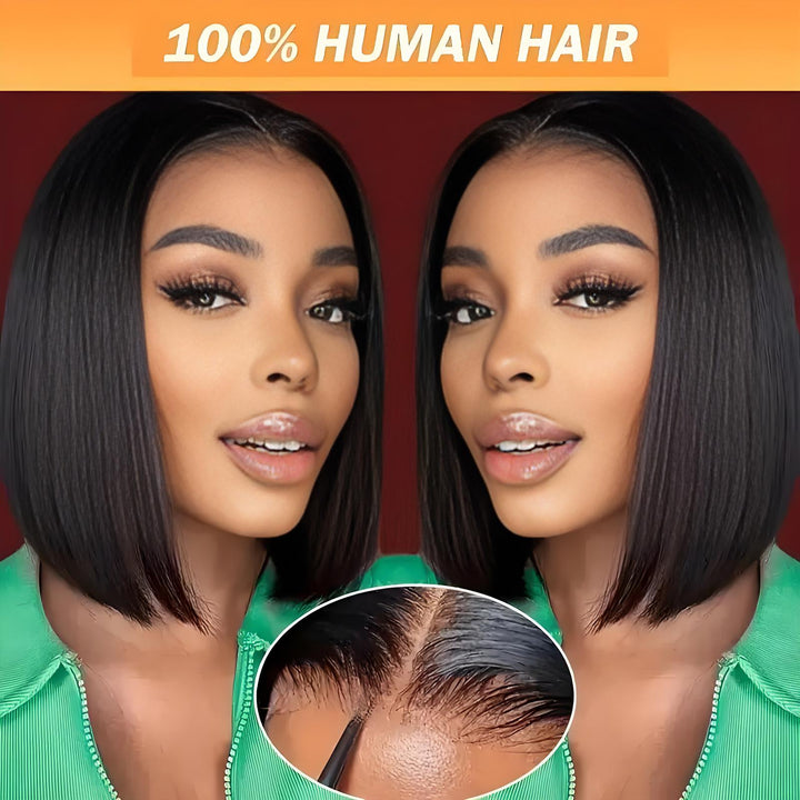 Close-up double portrait of model wearing EuxmeHair 4x4 lace bob wig with zoomed-in hairline detail, emphasizing 100% human hair realism.