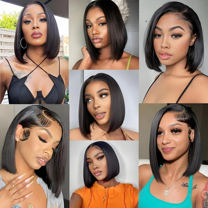 Model grid showing various women wearing EuxmeHair 4x4 bob wigs in straight style, highlighting different face shapes and styling options.