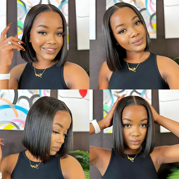 Four-angle collage of EuxmeHair 4x4 transparent lace bob wig worn by a model, showcasing natural straight texture and realistic parting.