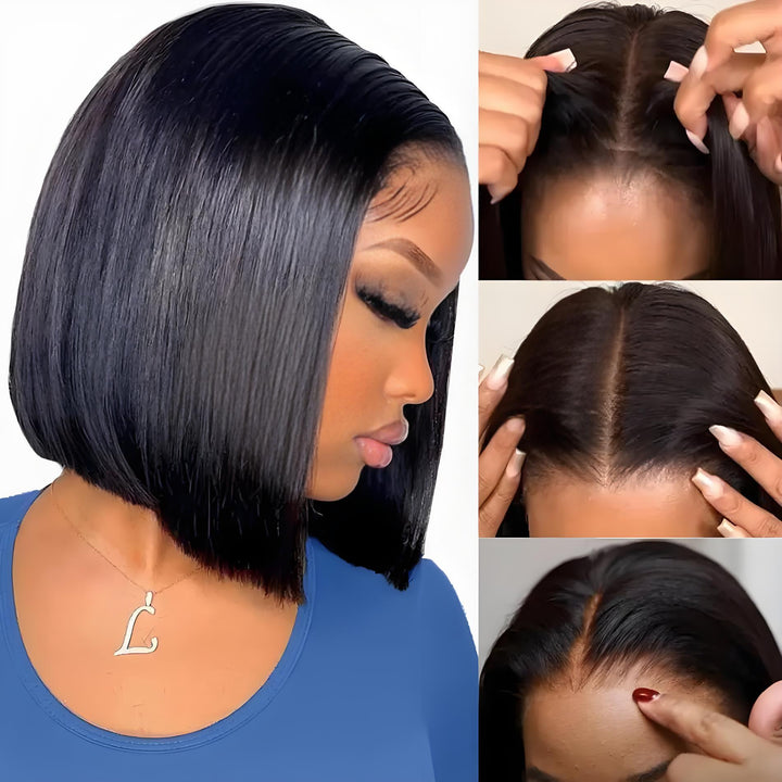 EuxmeHair 4x4 lace bob wig installation demonstration with three detailed views showing parting space and lace blending into skin.