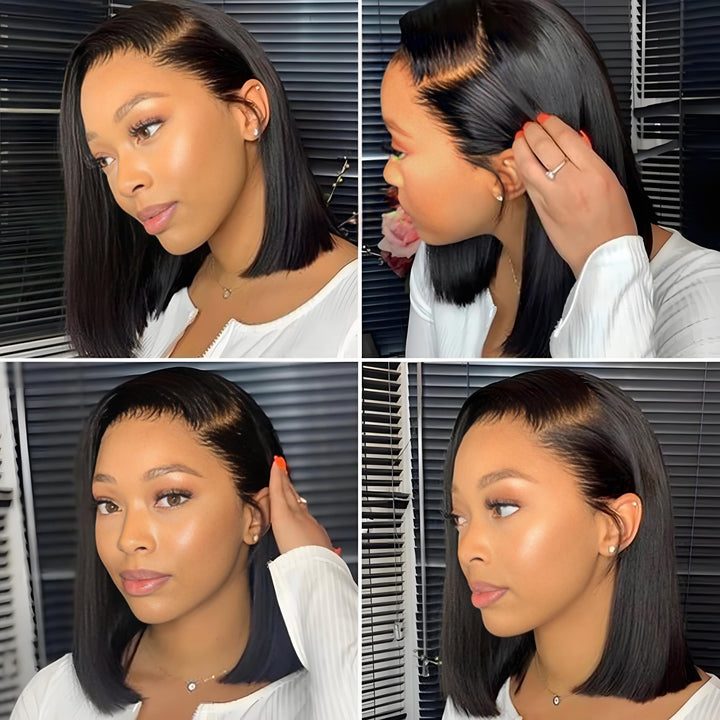 Four-angle showcase of EuxmeHair 4x4 lace bob wig styled in side part and tucked look, emphasizing soft lace and edge detail.