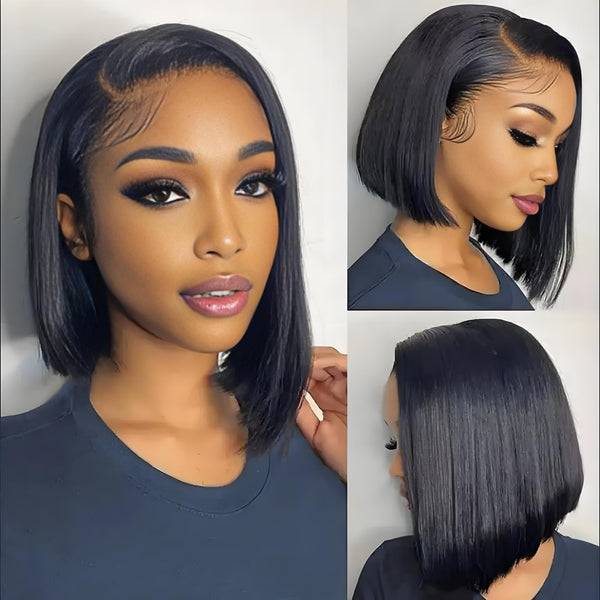Side, angled, and back view of EuxmeHair 4x4 transparent lace bob wig on model, revealing natural density and sleek finish.