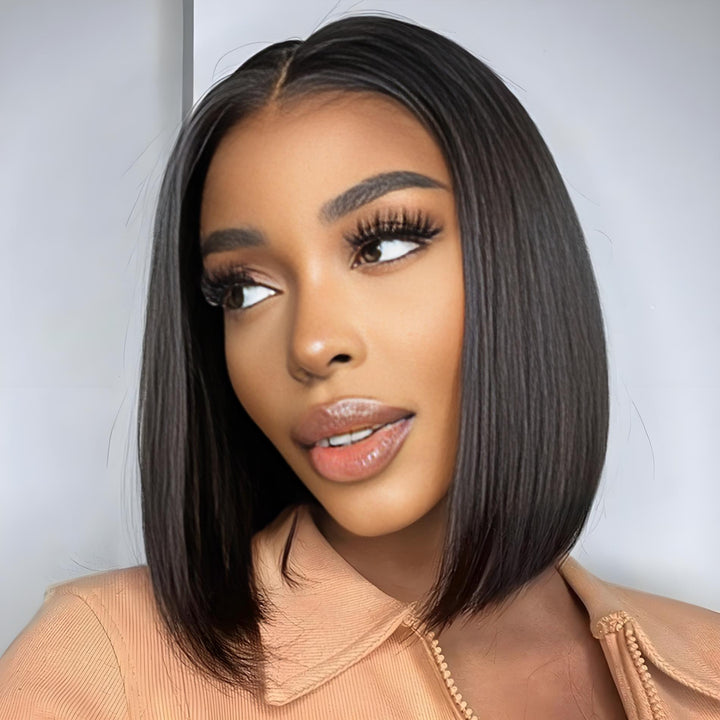Portrait of model wearing EuxmeHair 4x4 straight bob wig with a sleek center part, glueless design and seamless hairline effect.