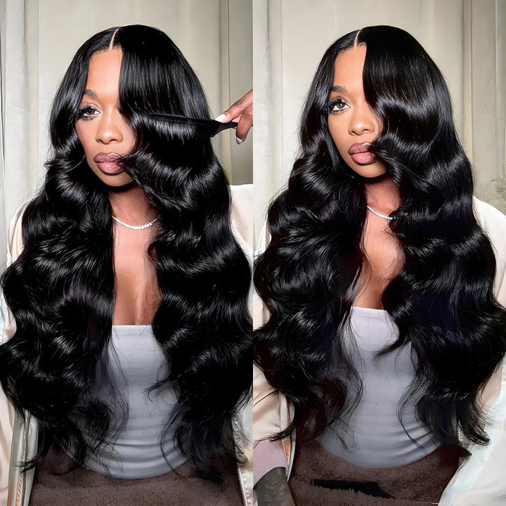 Unfiltered close-up shots of EuxmeHair 4x4 HD lace closure body wave wigs, showcasing lace quality and natural texture.