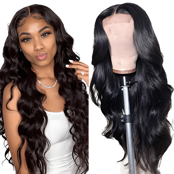 Model showcasing EuxmeHair 4x4 lace body wave wig with soft curls and natural-looking baby hair.