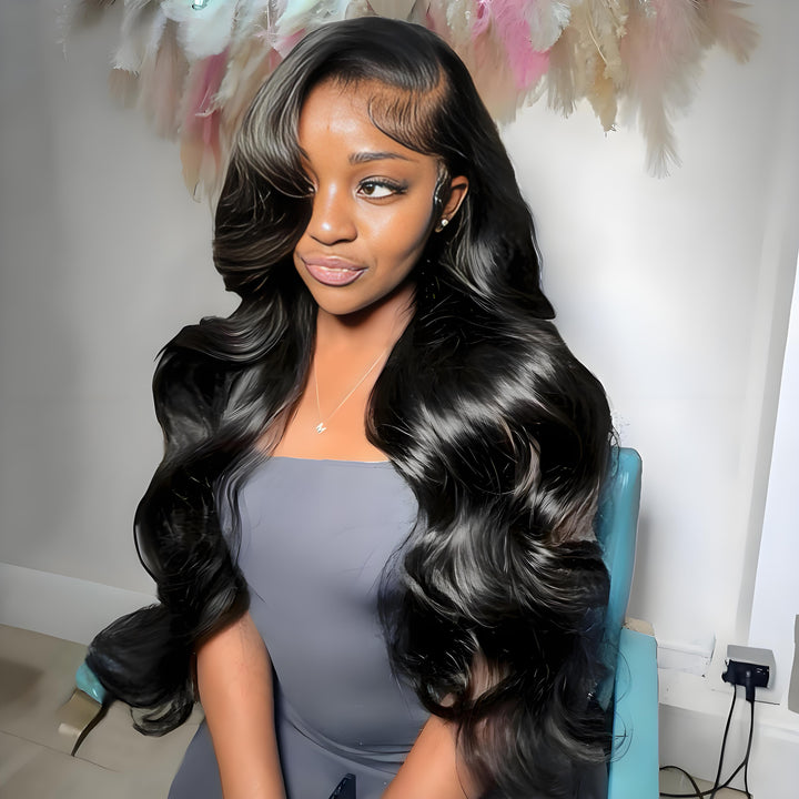 Model wearing EuxmeHair body wave wig in glamorous setting, showing middle part and styled baby hairs.