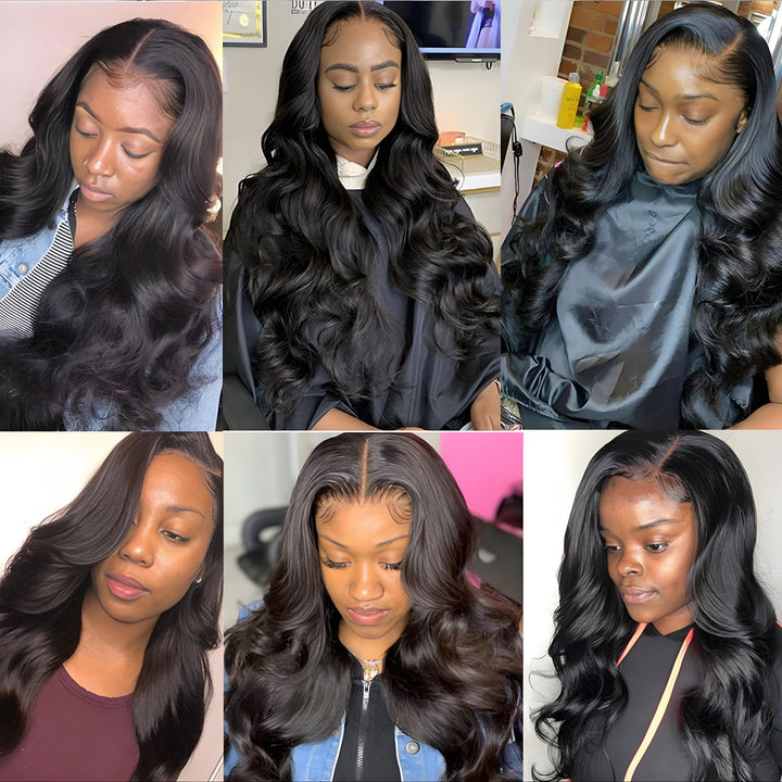 Multiple customers wearing EuxmeHair body wave wig styled with middle and side parts, highlighting natural finish.