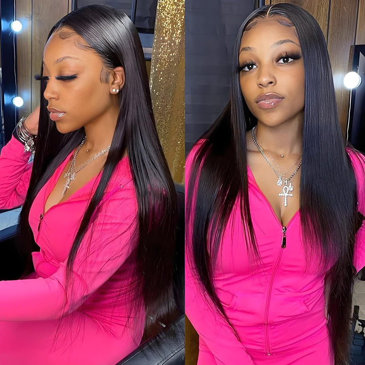 Model wearing EuxmeHair 4x4 lace closure wig in natural black, bone straight style shown from side and front.