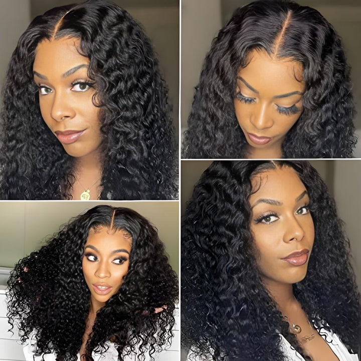 Close-up views of 4x4 lace deep wave wig highlighting center part, natural texture, and defined curls.