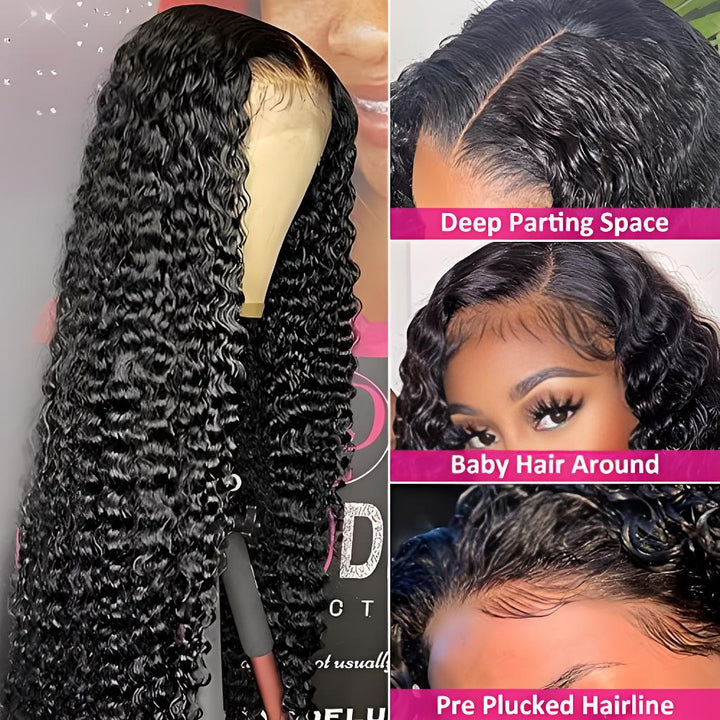 4x4 closure deep wave wig with deep parting space, baby hair, and pre-plucked natural hairline.