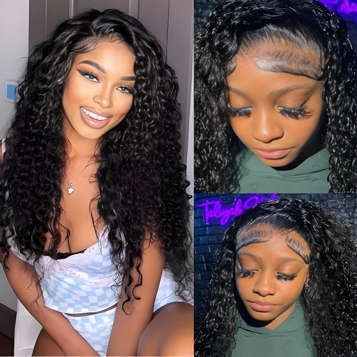 Natural black deep wave wig styled on model, showcasing realistic hairline and baby hairs.