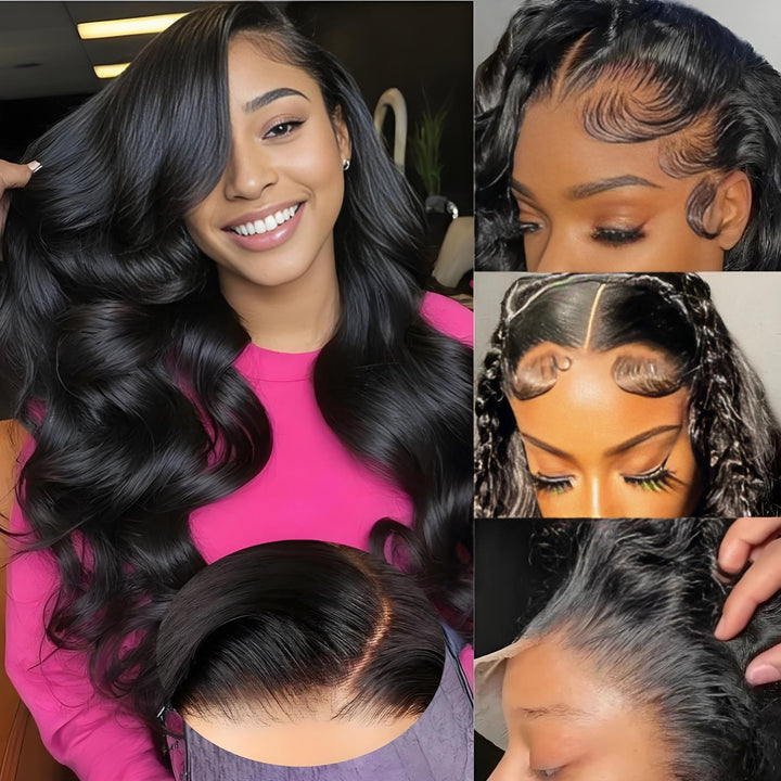 Model wearing EuxmeHair 4x4 HD lace body wave wig with sleek waves, pre-plucked hairline, and realistic finish.