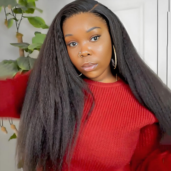 Woman wearing EuxmeHair 4x4 kinky straight lace closure wig styled naturally with middle part.