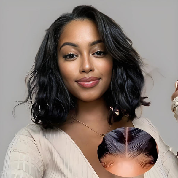 Close-up of 4x4 lace closure on body wave bob wig with pre-plucked hairline.