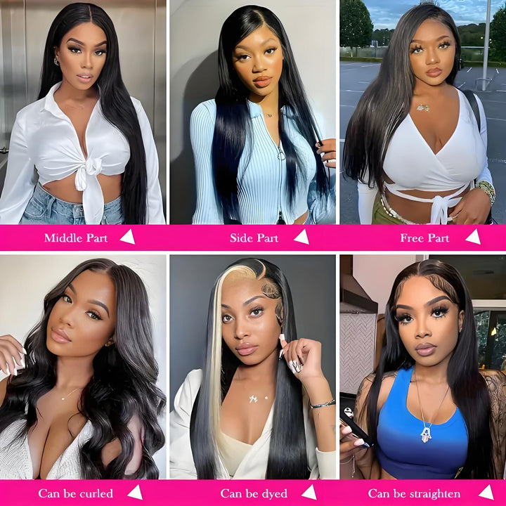 EuxmeHair 4x4 lace wig styled with middle, side, and free part; also curled, dyed, and straightened.