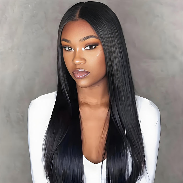 Model wearing EuxmeHair 4x4 lace wig with sleek middle part, natural hairline, and virgin straight human hair.