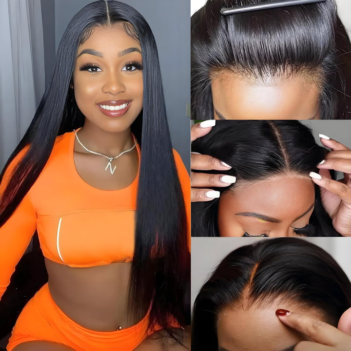 Close-up images showing pre-plucked hairline, invisible part, and realistic HD lace of EuxmeHair wear & go wig.