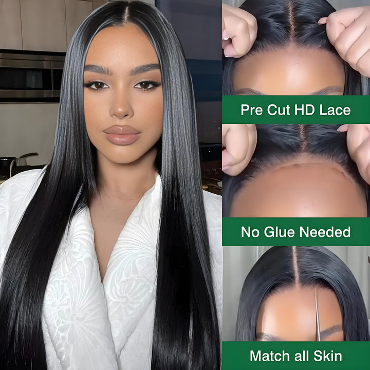 Model showing EuxmeHair pre-cut HD lace wig with no glue needed, melted hairline for all skin tones.