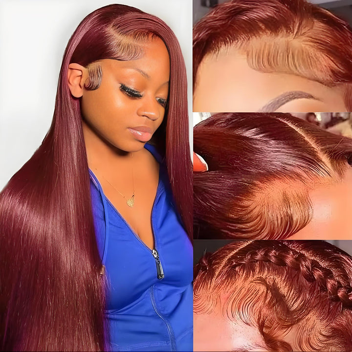 Side part reddish brown EuxmeHair wig with zoomed views of pre-plucked hairline, baby hair, and braid styles.