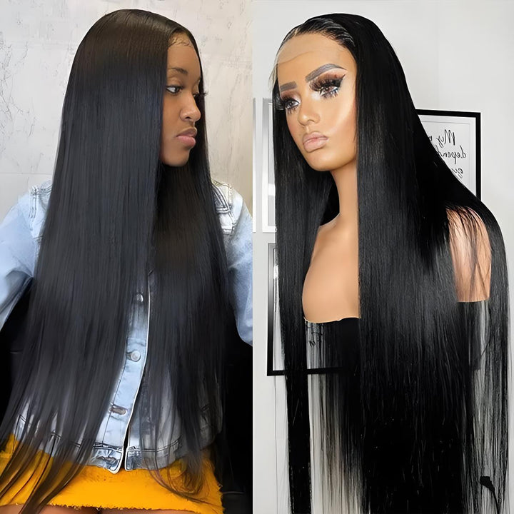 Side-by-side view of EuxmeHair straight lace wig on mannequin and model showcasing sleek texture.