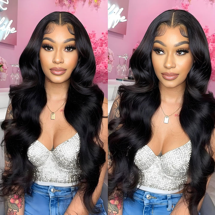 EuxmeHair body wave wig shown with different styling options—middle part, side part, ponytail & bun.