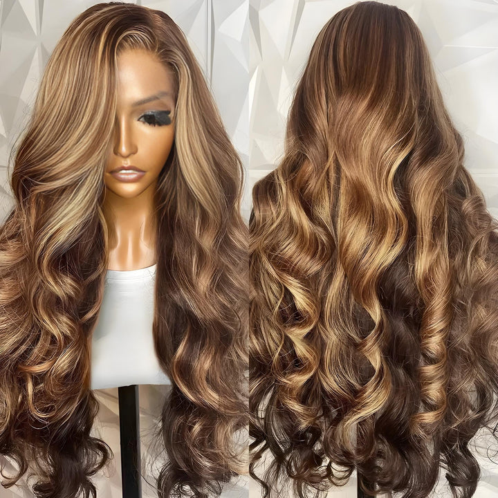 Front and back view of ombre honey blonde body wave wig with voluminous curls and seamless lace hairline.