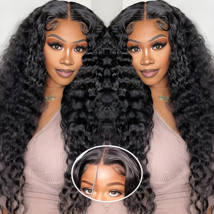 Twin image of model showcasing glueless 5x5 lace closure wig with pre-plucked hairline and deep middle parting.
