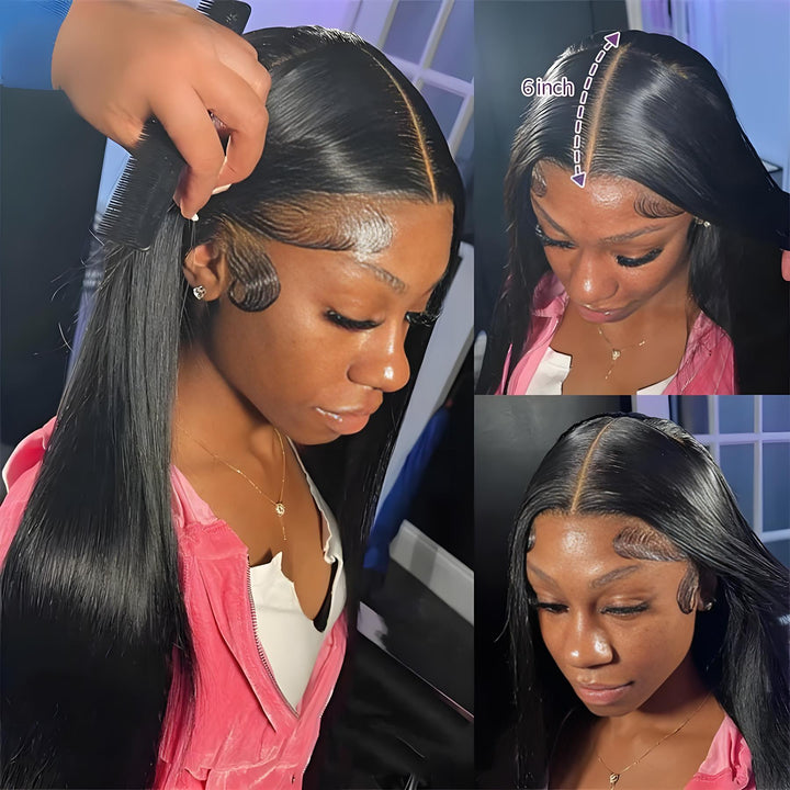 Close-up install demo of EuxmeHair 5x5 HD lace showing deep parting and lace blend.