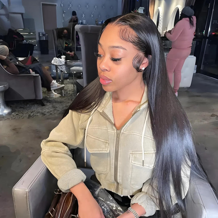 Model showcasing natural shine and smooth finish of EuxmeHair 5x5 glueless HD lace wig.