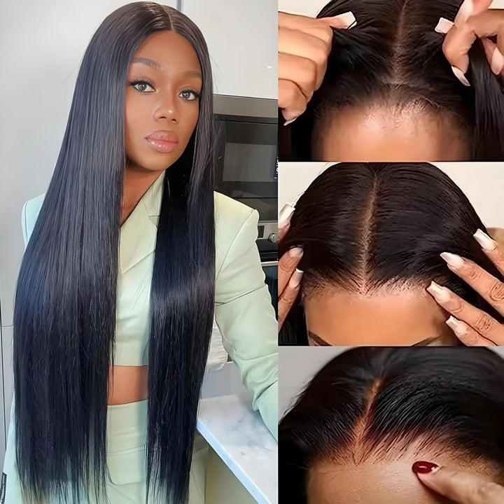 Installation of EuxmeHair 5x5 HD lace wig showing hairline blending and secure fit process.