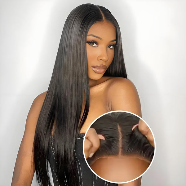 EuxmeHair bone straight wig styled with a flawless middle part and HD lace finish.