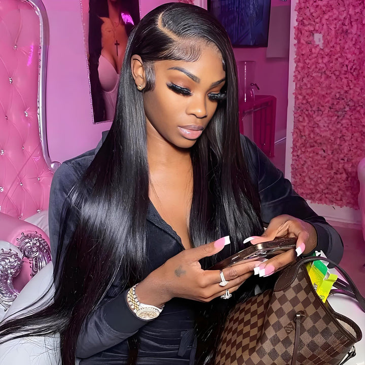 EuxmeHair HD lace closure wig styled in long side part with sleek baby hairs and volume.
