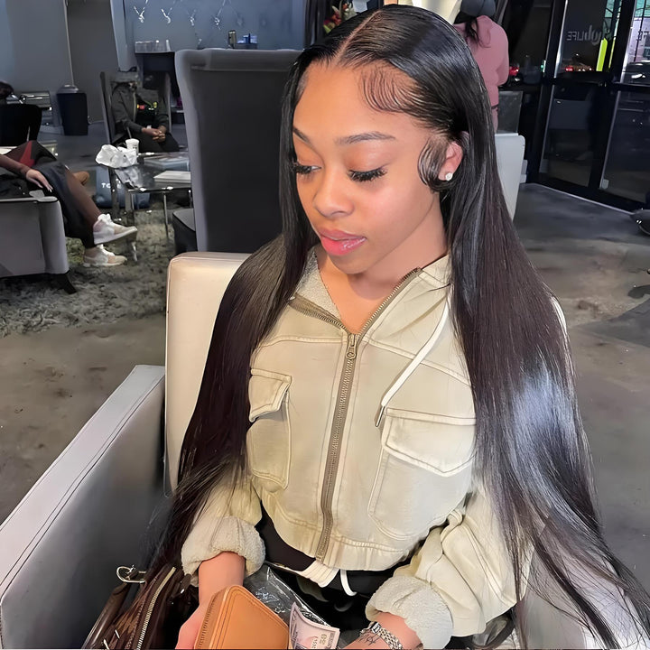 Salon view of EuxmeHair 5x5 HD lace wig with soft straight texture and pre-plucked edges.