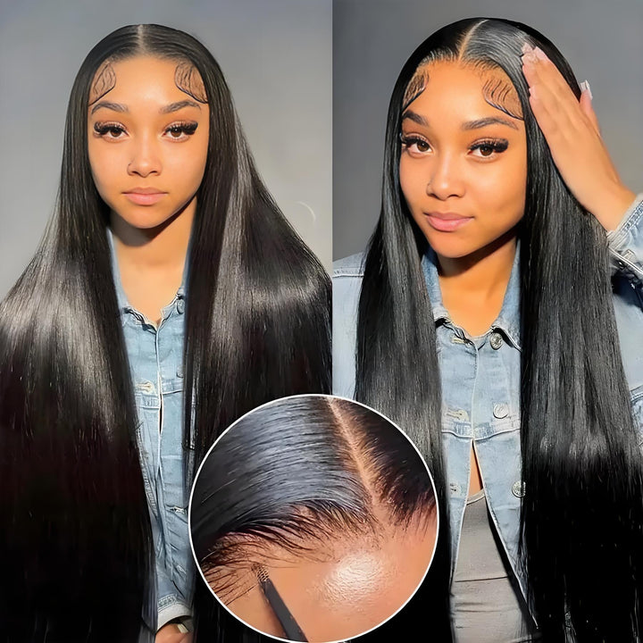 EuxmeHair 5x5 HD lace wig shown in middle part with close-up of invisible lace and clean hairline.