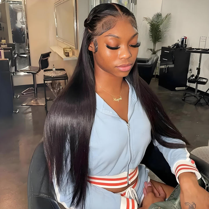 Model wearing EuxmeHair 5x5 HD lace wig styled in sleek side part with natural melted hairline.