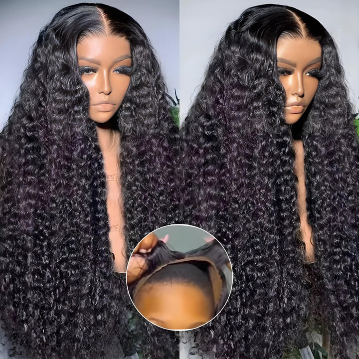 Mannequin display of deep wave lace wig with close-up on cap interior, showing 5x5 closure and realistic scalp-like lace.