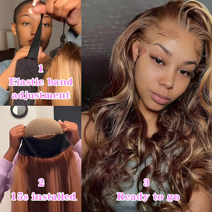 Step-by-step guide to wear glueless lace wig with elastic band adjustment, quick install, and final natural look.