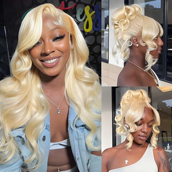 613 blonde lace wig styled with top bun and curtain bangs, featuring defined curls and a natural look.