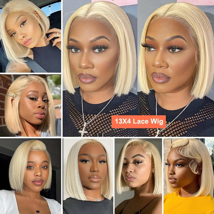 Gallery of diverse customers wearing EuxmeHair 613 blonde lace bob wig, styled with sleek center and side parts, showing density and bright tone.