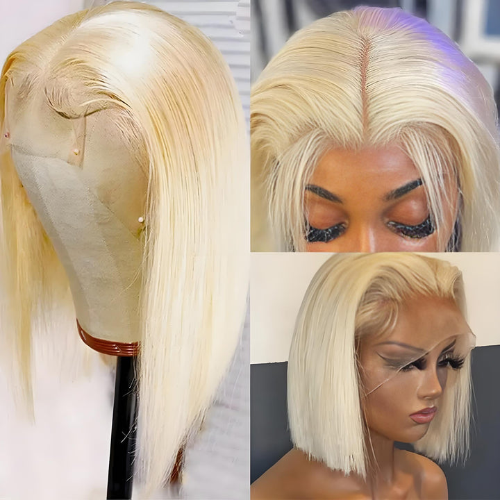 Front, top, and side views of EuxmeHair 613 Blonde Bob Wig displayed on mannequin and model, showing sleek straight texture and natural lace hairline.