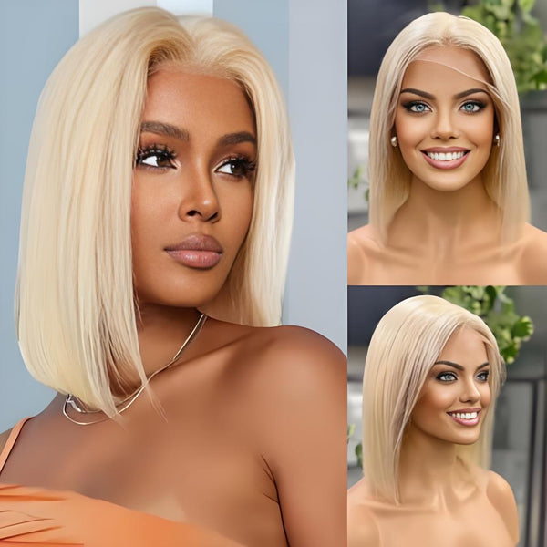 Real model showcase of 613 blonde bob wig styled in middle part, featuring sleek straight texture, HD lace front, and vibrant color finish.