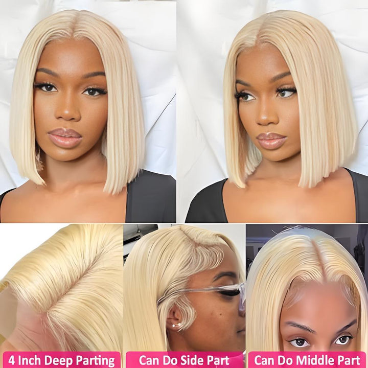 Close-up and model views showing parting flexibility of 613 blonde wig including 4-inch deep part, middle part, and side part styles.