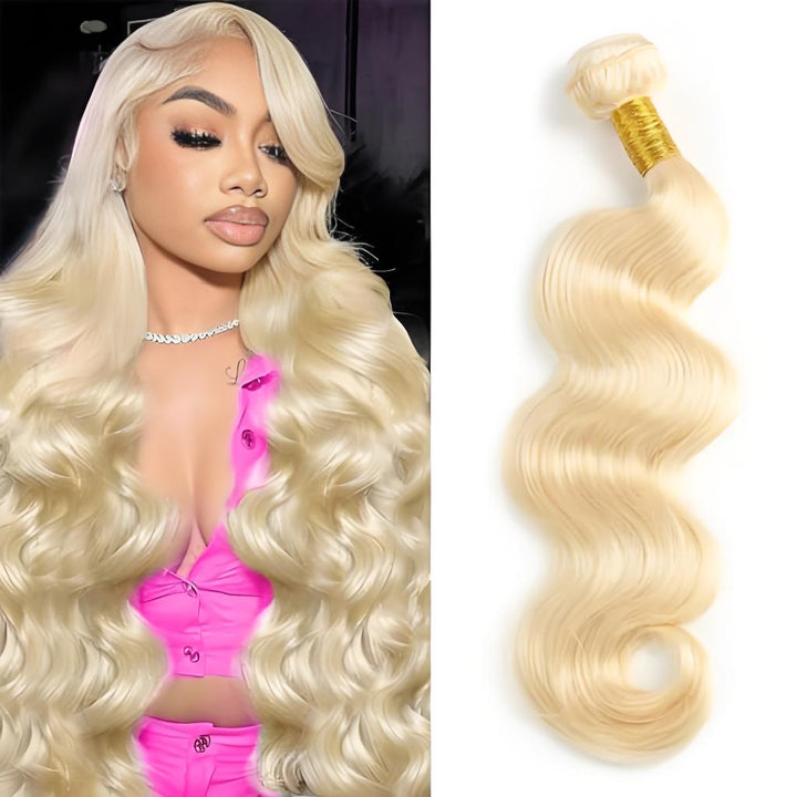 Model wearing EuxmeHair 613 blonde body wave and single bundle displayed on white background.