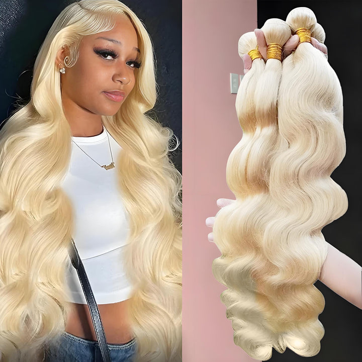 Side-by-side image of model and hand holding multiple 613 blonde body wave bundles showing thickness and luster.