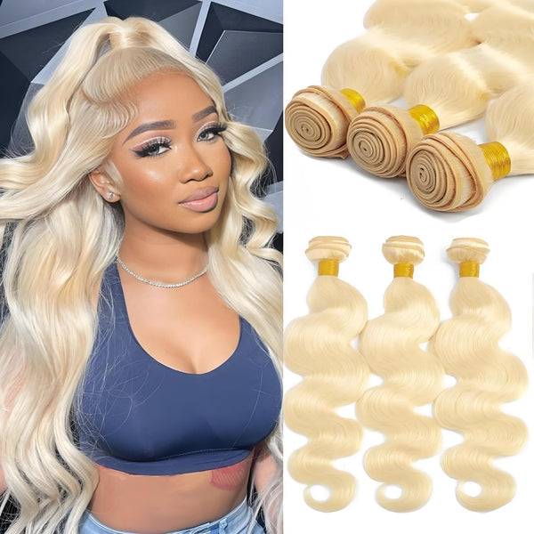 Model with high ponytail wearing EuxmeHair 613 blonde body wave extensions, shown with top-view of wefts and full bundles.