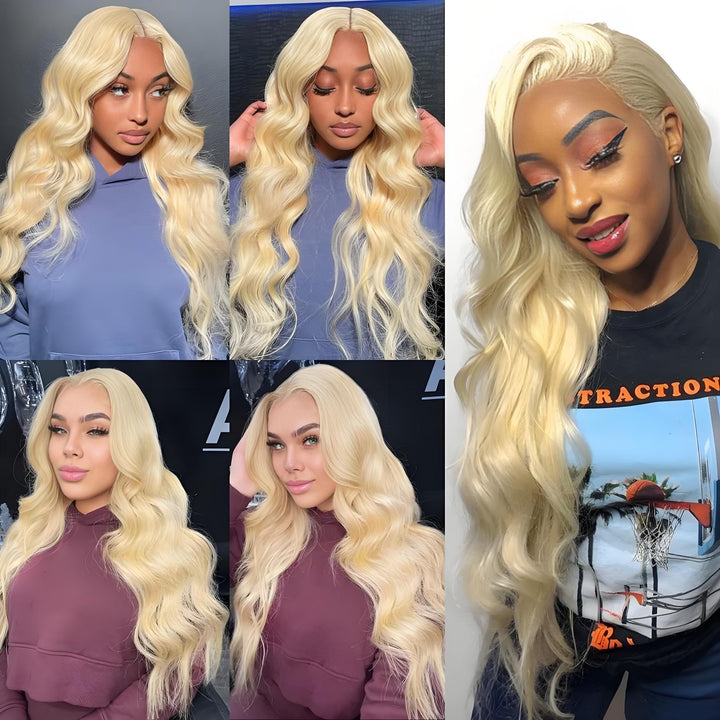 Collage of models wearing EuxmeHair 613 blonde body wave extensions with soft, voluminous curls.