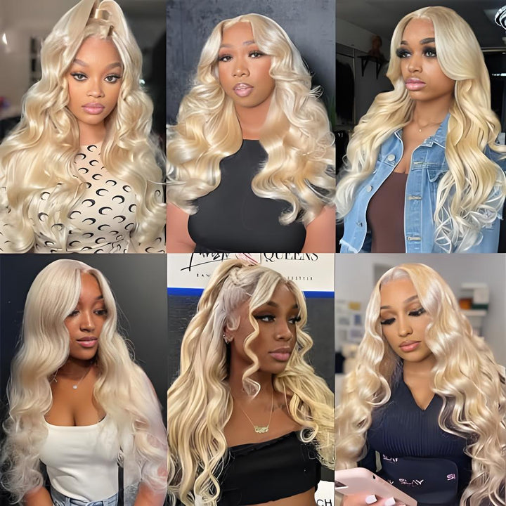Multi-style collage of different customers wearing EuxmeHair 613 blonde body wave hair in casual and glam looks.