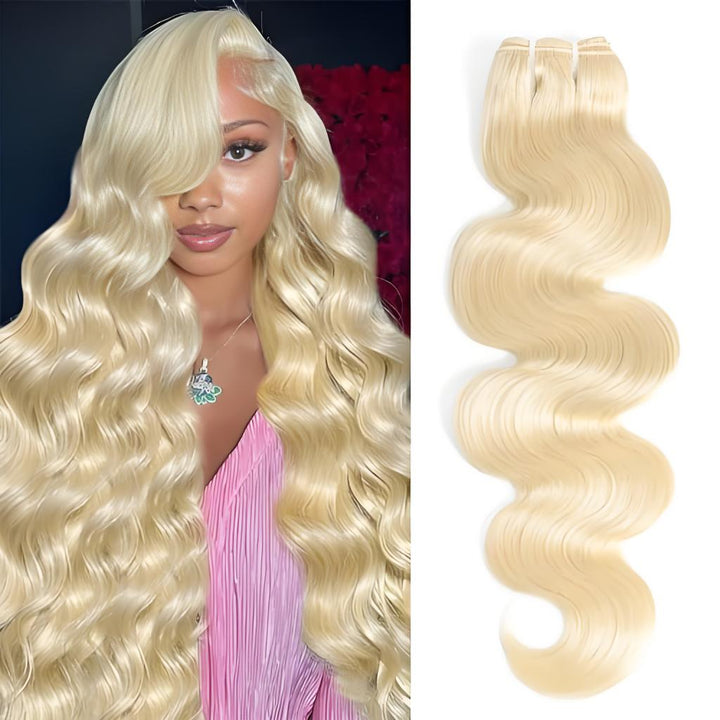 Model showcasing long 613 blonde body wave hair with a bundle image on the side.
