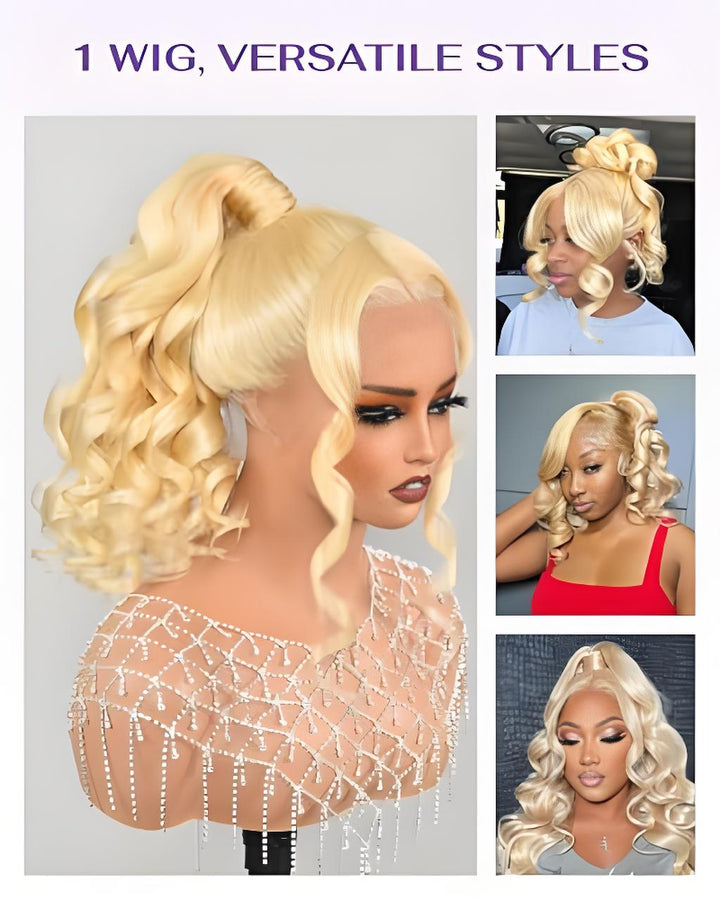 Versatile 613 blonde body wave lace wig styled in various looks, demonstrating curl definition and high ponytail.